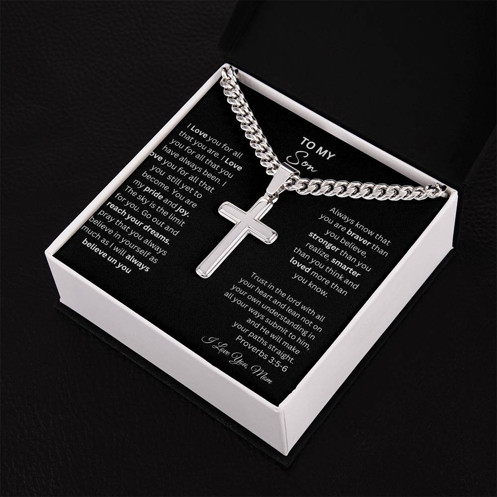 TO MY SON STEEL CROSS NECKLACE ON CUBAN CHAIN