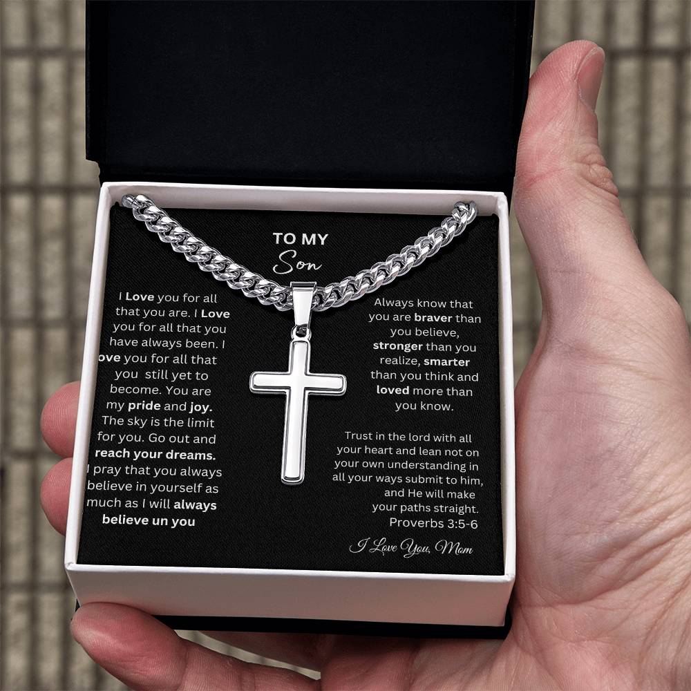 TO MY SON STEEL CROSS NECKLACE ON CUBAN CHAIN