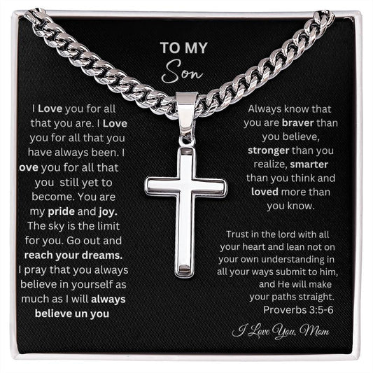 TO MY SON STEEL CROSS NECKLACE ON CUBAN CHAIN