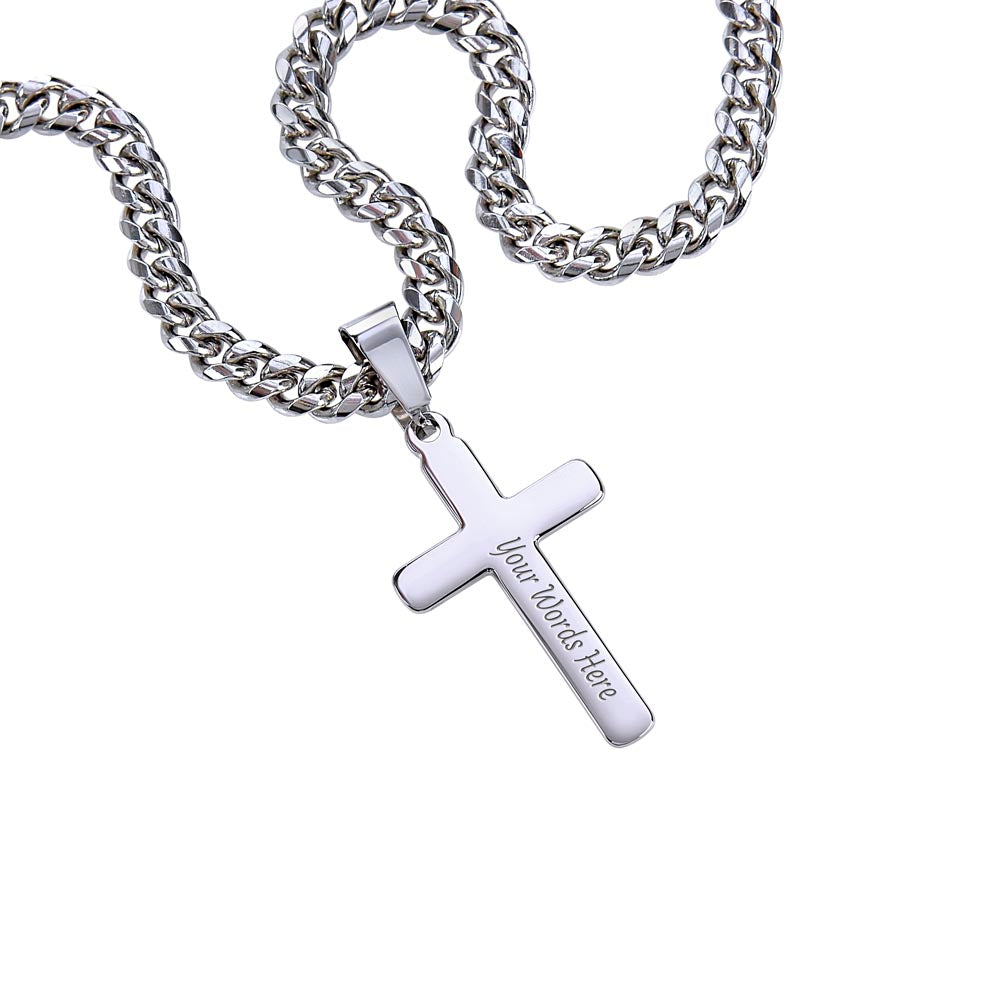 TO MY SON STEEL CROSS NECKLACE ON CUBAN CHAIN