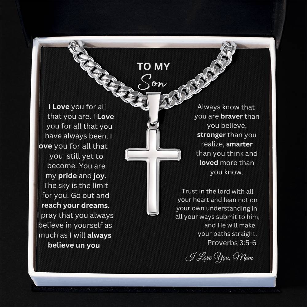 TO MY SON STEEL CROSS NECKLACE ON CUBAN CHAIN