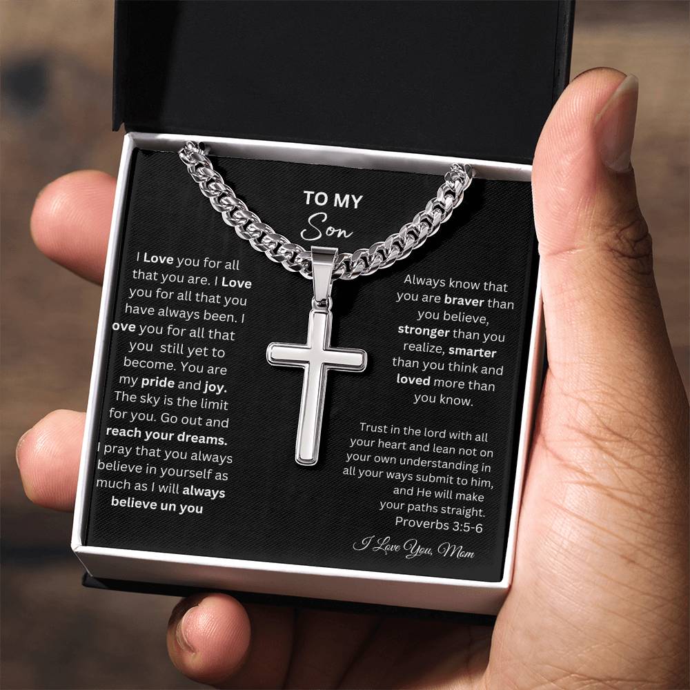 TO MY SON STEEL CROSS NECKLACE ON CUBAN CHAIN