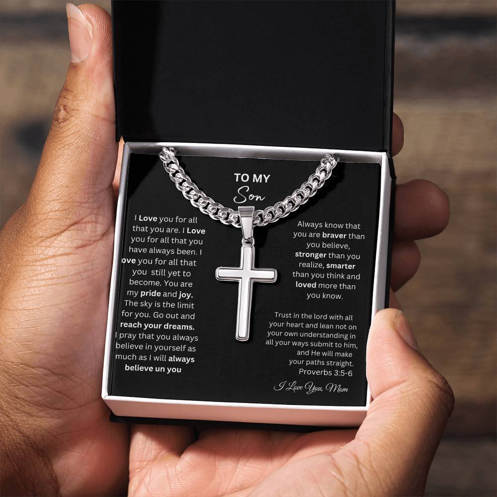 TO MY SON STEEL CROSS NECKLACE ON CUBAN CHAIN