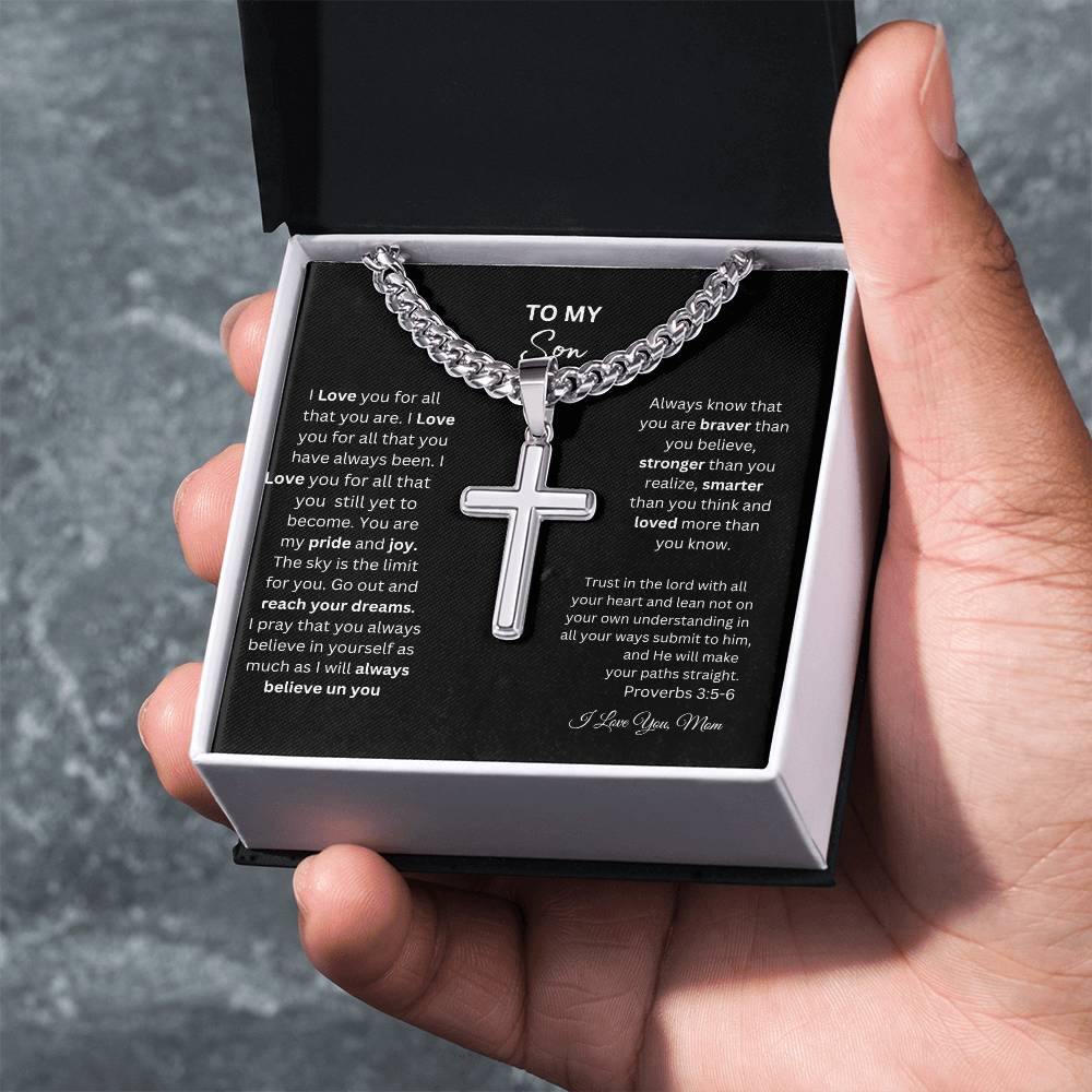 TO MY SON STEEL CROSS NECKLACE ON CUBAN CHAIN