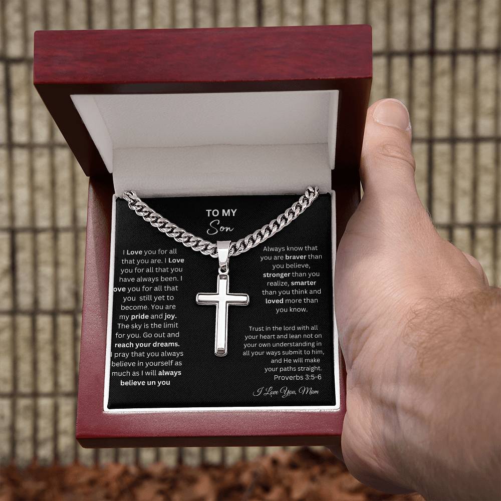 TO MY SON STEEL CROSS NECKLACE ON CUBAN CHAIN