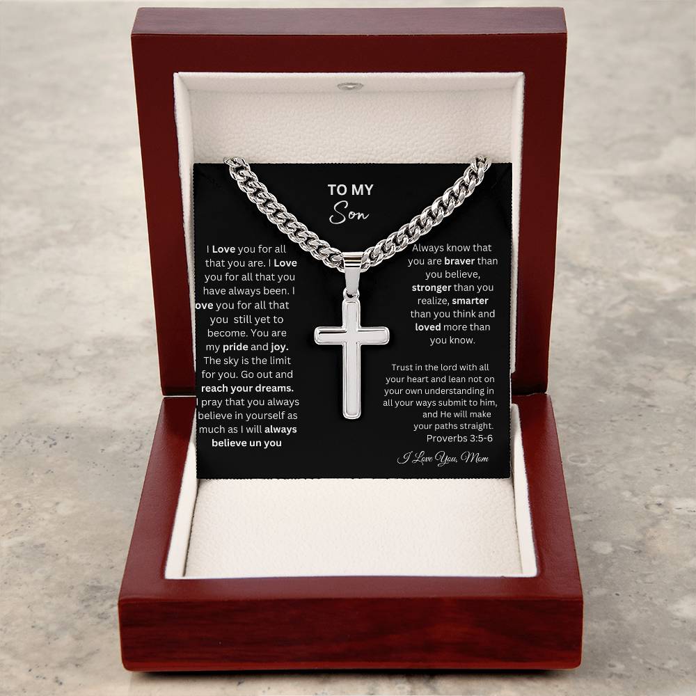 TO MY SON STEEL CROSS NECKLACE ON CUBAN CHAIN