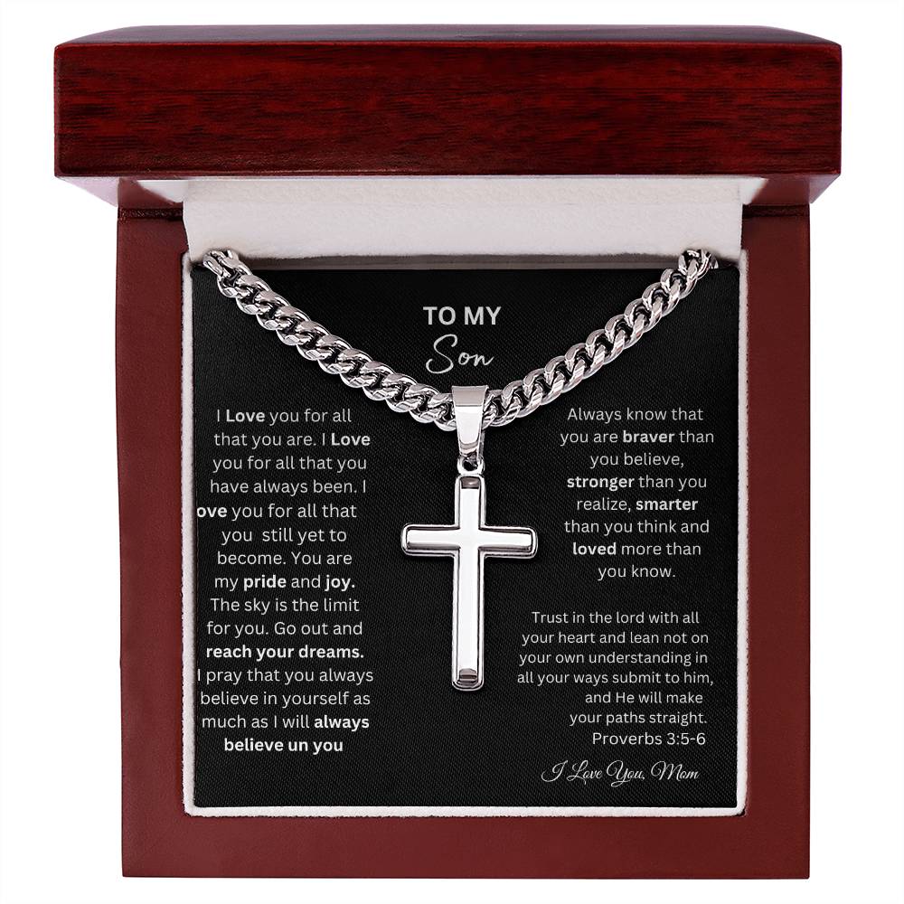 TO MY SON STEEL CROSS NECKLACE ON CUBAN CHAIN